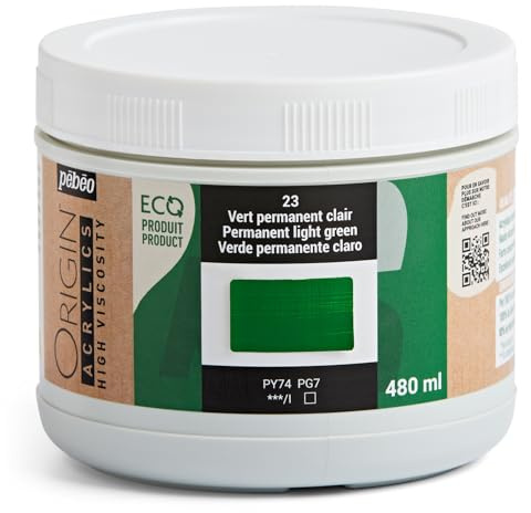 Pébéo - Origin Acrylics 480 ml - Öko-Acrylfarbe - Hohe Viskosität - Matte Oberfläche - Bindemittel 100% recycelt - 96% Rohstoffe aus Europa - Permanent Hellgrün