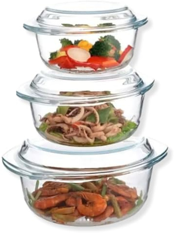 Reldor Glass Casserole Dishes with Lids Oven Proof Set of 3, Borosilicate Glass, Serving Dishes, Freezer & Microwave Safe, Scratch & Thermal Shock Resistant,Easy Handles(Clear, Round 1/1.5/2.5 Ltr)