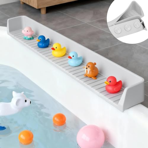 Dreamtop Bathtub Splash Guard for Tub, 2.6FT Play Shelf for Bathing, Toy Tray Caddy Holder for Tub, Grey Silicone Tub Splash Guard Prevent Water Spills in Bathroom