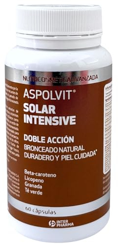 INTERPHARMA SA Aspolvit Solar Intensive 60 Cápsulas – Beta‑Caroteno, Licopeno, Granada, Té Verde, Vitaminas y Ácido Fólico – Complemento para Bronceado Natural y Duradero – Cuidado de la Piel