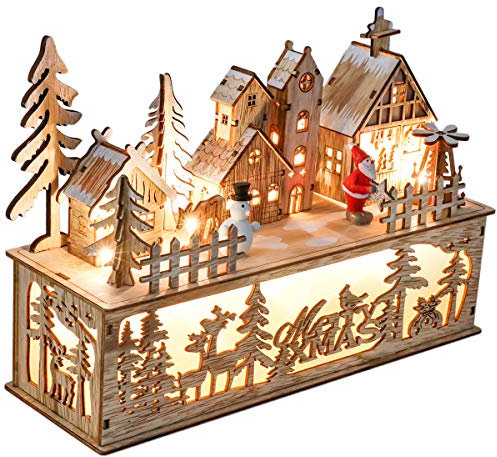 VALERY MADELYN Holz LED Haus Lichterbogen Lichtersockel Schwibbogen mit Podest 20cm Batteriebetrieb Beleuchtete Weihnachtsdeko Weihnachtsdorf Lichterhaus Fensterdeko Wald Thema MEHRWEG Verpackung