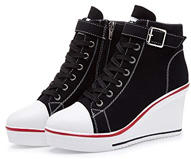 High-Top-Keilschuhe für Damen, EU-Größe 35-43, Leinen, Casual-Stil, für Frühling / Sommer, Keilabsatz, Schwarz - 09 Schwarz - Größe: 38 EU