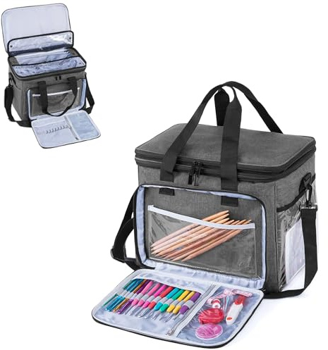 Teamoy Aufbewahrungstasche für Wolle, die geeignet zum Transportieren von Strick-/Häkeln Wolle ist und Taschen für Zubehör, mit doppeltem Deckel, (kein Zubehör im Lieferumfang enthalten), Grau