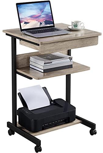 Yaheetech Table Informatique Bureau d'Ordinateur Portable Roulant Poste de Travail 56 x 51 x 79 cm Gris avec 1 Tiroir et 2 Etagères Gris