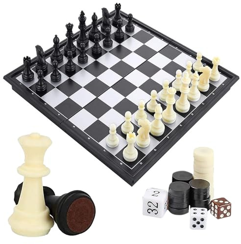 Various Ajedrez Magnético de Viaje 3 en 1, Tablero Plegable 32 cm con Damas y Backgammon, Piezas Magnéticas y Estuche Portátil, Juego de Mesa para Familia