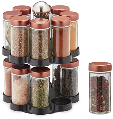 Relaxdays Gewürzkarussell, 16 Gewürzgläser mit Streueinsatz, 360° drehbar, Edelstahl & Glas, HxD: 26 x 17 cm, bunt