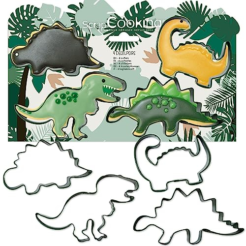 ScrapCooking - 4 Emporte-Pièces Dinosaures - Découpoirs à Biscuits en Métal - Moules Dinos pour Petits Gâteaux - Accessoires Pâtisserie Anniversaire Déco Jungle Animaux - 2085