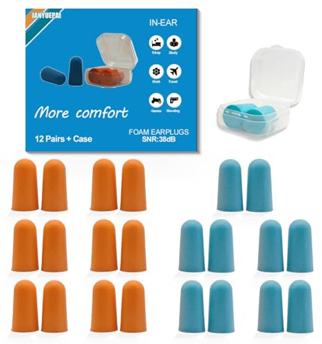 12 Pairs Foam Ear Plugs, 38dB SNR Noise Cancelling, Transparent Case, Blue & Orange Earplugs for Sleep, Travel, Work & Concerts
