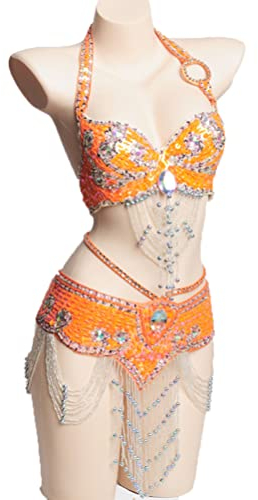 JRUIA Bauchtänzerin Kostüme Für Damen Karneval Professionelle Leistung Tanz Outfit Maskerade Kleidung Top BH Für Den Bauchtanz Und Gürtel Für Den Bauchtanz 2 Teiliges Set,E,S