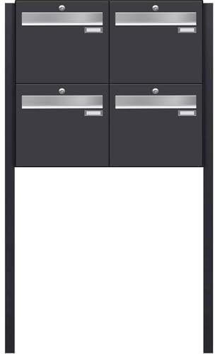 Frabox Briefkastenanlage 4fach freistehender Briefkasten XXL Standbriefkasten RAL 7016 4 Parteien Postkasten anthrazit-grau Mehrfamilienhaus Gewerbe ohne Zeitungsfach groß Made in Germany LUIS