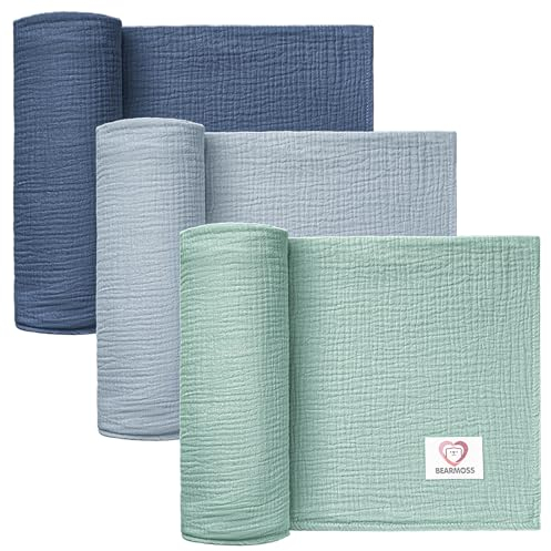 Bearmoss Baby Pucktuch Musselin Decke 100% Baumwolle Baby Pucktücher Empfangsdecken 120x120cm Atmungsaktive Babydecke Baby Swaddle Decke 3pack für Unisex-Jungenmädchen (Indigobaum)