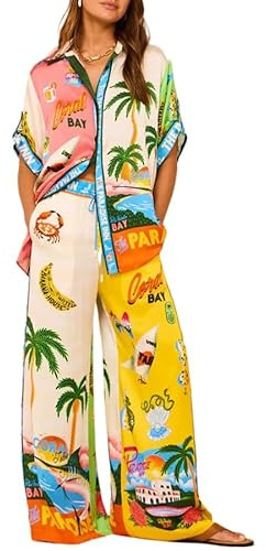 Tenues 2 pièces en satin bohème pour femme - Imprimé graffiti - Ensemble assorti à manches courtes et pantalon avec poches - Vêtement de détente hawaïen, #1, S
