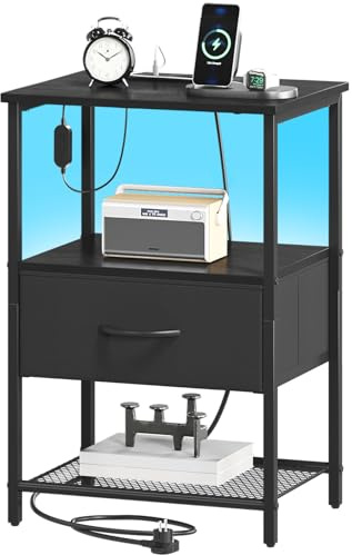 Somdot Bedside Table with Charging Station and LED Light, Small Bed Side Table for Bedroom Dorm Kids Room Closet, 1 Drawer Bedside Cabinet with 2 Outlets and 2 USB Ports, Black