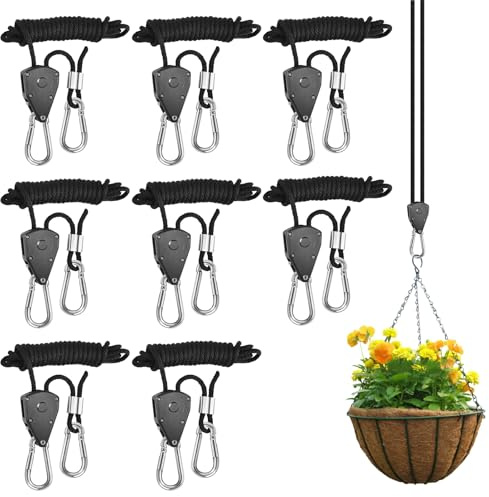 URAQT Justerbar repspärr, 8 st 1/8 tum kraftiga spärrrep med 8 krokar, 68 kg viktkapacitet, 2,4 m snöre, tältkille-rep, markis-rep för växande rum utrustning
