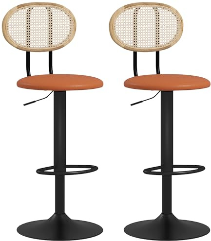 HOMCOM Lot de 2 tabourets de Bar chaises de Bar Hauteur réglable avec Dossier en rotin et Repose-Pieds, Tabouret Haut Moderne, Structure Bois revêtement synthétique Marron