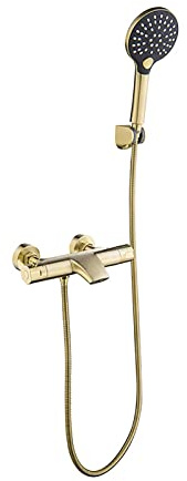 Shower System, Bathtub Faucet Brushed Gold Bath Tap Wall Mounted Tub Mixer Tap with Handheld Shower Set, Brass Wall Mounted Tub Filler Thermostat Tub Tap, with 38 °C Safety Button