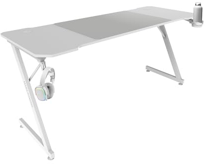 Mars Gaming MGD-X160, Bureau Gaming Ergonomique, Surface en Fibre de Carbone, Structure Métallique, Tapis de Souris XXL, Supports Casque et Boissons, Gestion des Câbles, Bureau Gaming 160x60cm, Blanc