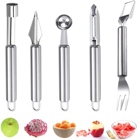 TAIHOBO 5PCS Melon Baller Scoop Set, Stainless Steel Watermelon Cutter, 2 in 1 Melon Cutter, Serrated Apple Corer with Hanging Loop, Fruit Potato Peeler ＆ DIY Fruit Carving Tool, for Different Fruits