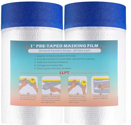 LLPT Tape and Drape Pre-Taped Masking Film 2 Packs-65cm(Unfolded) x 20m | Blue Washi Versatile Painter's Plastic Dust Sheets for Auto Wall Furniture Painting and Spraying Protection