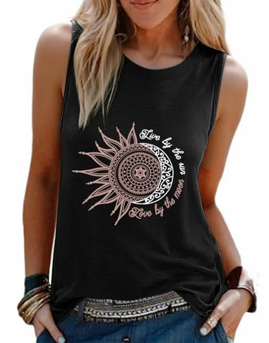 PASUDA Camiseta Sin Mangas Mujer Verano Holgado Camisetas Tirantes Cuello Redondo Top Impresión Tank Top Basico Ropa Elegante Túnica Casual Chalecos (Negro-Sol Y Luna, S)