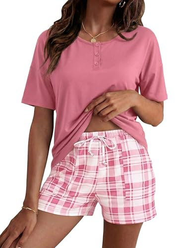 Bresdk Pyjama Femme Été Court Haut Manches Courtes et Short à Carreaux | Confort Coton Maison et Loungewear