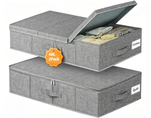 Mavivegue 2 Pack Underbed Storage Boxes with Lids | 48L Under Bed Clothes Storage with Lids & Handles, 79x40x15cm Storage Boxes Under Bed for Clothes, Blankets, Shoes, Toys,Grey