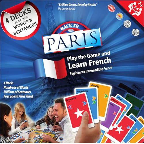 KLOO Learn French Board Game “Race to Paris” | Fun for Family Kids Adults | Coloured Vocabulary Word Cards Make Sentences in a Flash | Language Teacher Resource | Boardgame 1–4 Players