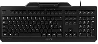 Cherry KC 1000 SC, Teclado de Seguridad con Cable y Lector de Tarjetas Integrado, Distribución Suiza (QWERTZ), Plug & Play (USB-A), Diseño Plano, Negro