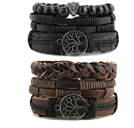 HZMAN Echtes Leder Baum des Lebens Armbänder für Frauen Männer Tigerauge Naturstein Lava Rock Perlen Ethnische Tribal elastische Armbänder (2Pcs)
