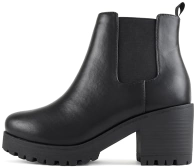 Soda Top Shoes Jaber Ankle Boot W Lug Sole Elastic Gore and Chunky Heel (BLACK PU, Medium, 8)