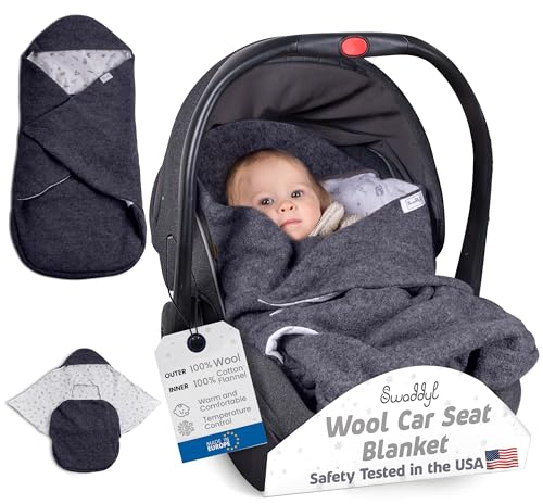 Swaddyl WOLLWALK Einschlagdecke Babyschale - Baby Fußsack - Maxi-Cosi Decke - Einschlagdecken für Kinderwagen - Neugeborene bis 11 Monaten aus 100% Wolle (Dunkelgrau)