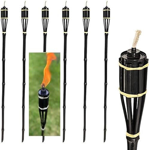 Garden Haven® Bamboo Garden Fuel-Lit Torches Traditional Tiki Paraffin Oil Fire Lantern - 114cm - Black - Pack of 6 Summer Citronella Pathway Lights Dancing Flames Adding Ambience to Parties