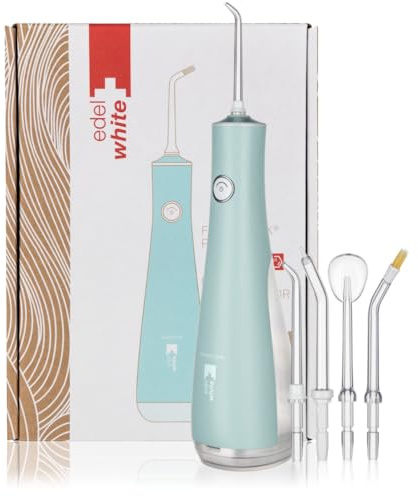 edelwhite Flosserpik Power SPA portable Munddusche mit sehr starkem Akku, 3 Wasserstrahlintensitätenn, 4 verschiedenen Aufsätzen, Gratis Handtuch