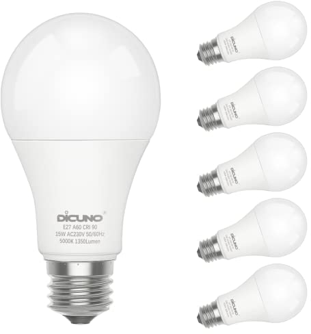 DiCUNO 15W E27 LED Lampe, Super hell ersetzt 100W, 5000K Kaltweiß, 1350lm, A60 Matt Edisonbirne, CRI 90, 220° Abstrahlwinkel, flimmerfrei, nicht dimmbar, 230V Energiesparlampe, 6er Pack