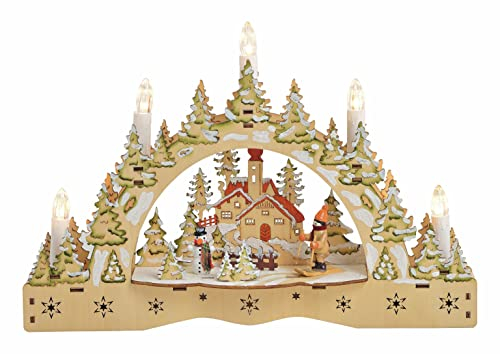 LED Holz Schwibbogen Winterlandschaft - 35 cm - Weihnachtsszene mit 5 LED Kerzen - Weihnachts Dorf Szene Tischdeko Fensterdeko warm weiß beleuchtet Batterie betrieben