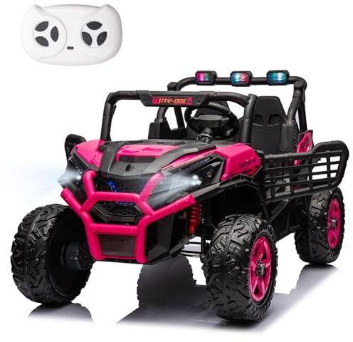 LUIBAS 4x4 2-Seater Ride On Buggy 24V Ride On Toys with Remote Control Battery Powered Kids Electric Car Off-Road Vehicles Side by Side UTV w/Music Play, Colorful LED Lights, Pink