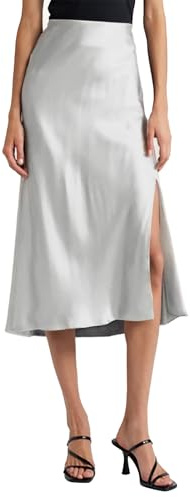 Women Solid High Waist Satin Midi Slit Skirt - Made in USA, Silver, S