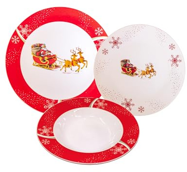 Omniacasa Set di 36 Piatti in Porcellana di Natale per 12 Persone con Decoro Babbo Natale, Renne e Slitta