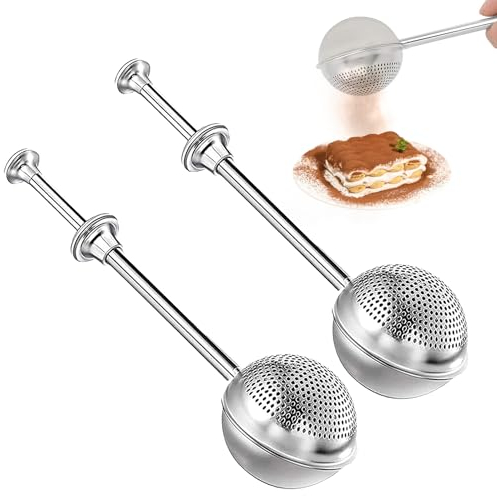Powdered Sugar Shaker Duster, Stainless Steel Sugar Shaker, Flour Powder Filter, Stainless Steel Handle Dusting Wand for Sugar Flour Spices, Flour Powder Kitchen Tools for Tea,Spices,Seasonings (2PCS)