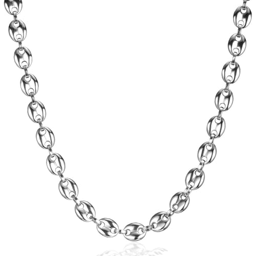 LOCCY Herren Kette Halskette, 6/7/9/11mm breit Edelstahl Kaffeebohne Kette Bohnenkette Silberkette Hip Hop Halskette für Männer Jungen, Länge 46/51/56cm, Silber (Silber-7mm Breit, 51)