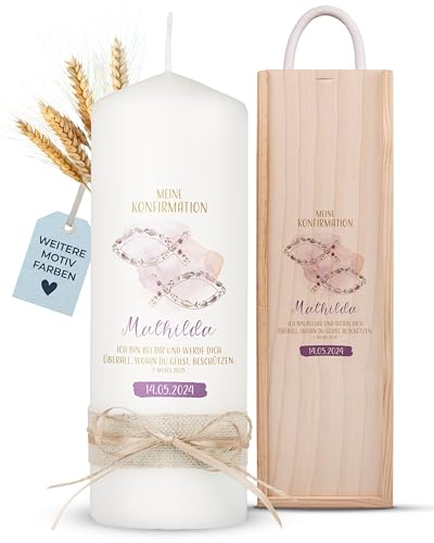 AMARI ® Konfirmationskerze personalisiert Fischsymbol (002.09.07) 20/7 cm- Kerze Konfirmation - Konfirmationskerze mit Namen und Datum - Konfirmation Kerze personalisiert Mädchen Junge