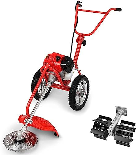 Cortacésped de gasolina con operador a pie, 42,7 cc, multifunción, pequeño, desmalezado, escarificador de operador a pie para el hogar con motor de 2 tiempos, cortacésped a gasolina para exteriores