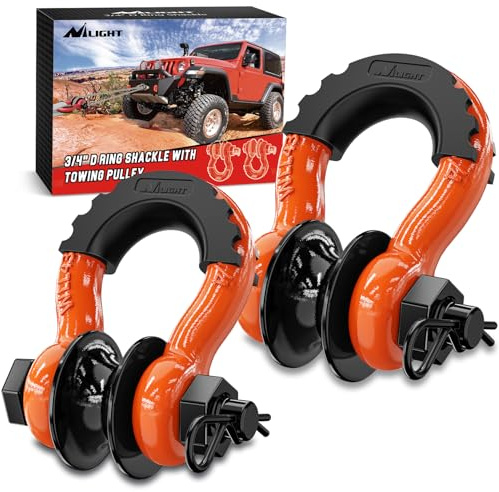 Nilight 3/4 D Ring Shackle with Towing Pulley 2 Pack 4.75 Ton (9500 Lbs) 7/8 Pin Heavy Duty Off Road Recovery Shackle with Isolators Washer Kit for Jeep Truck Tractor Vehicle ATV UTV, Orange