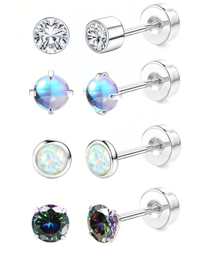 AORHOFJ 4 Paires Boucles d'oreilles Magnétiques pour Femmes Hommes Zircon Pierre Lune Clou d'oreilles Turquoise Noir Rondes Aimant Pierres Précieuses Boucles d'oreilles Clip Non Piercing