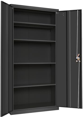 Frideko Metal Storage Cabinet 90 x 40 x 185cm - Lockable Cabinet with 2 Doors and 4 Adjustable Shelves, Storage Cupboard with Lock for Home, Office, Warehouse, Black