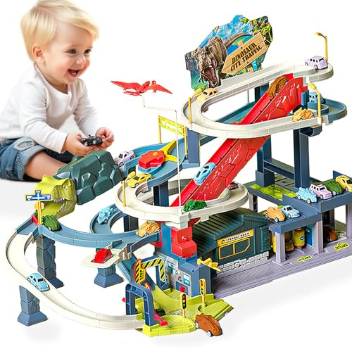 Joy Depot Dinosaur Race Tracks Play Vehicles Toys Set Train Tracks with 4 Dinosaurs Car and 4 Race Cars Race Tracks Toys Christmas Birthday Party for Kids Ages 3+