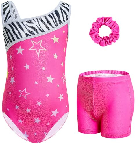 Gogokids Gymnastiktrikå för flickor, sluttande axlar, barn, dans, unitard, biketard med shorts för 3-12 år, Rosa stjärna, 11-12 år