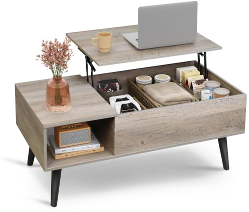 WLIVE Tavolino Sollevabile, Tavolino da Salotto con Portaoggetti Nascosti e Scomparti Aperti, Trasformabile in Tavolo da Pranzo per Soggiorno, Ufficio, 100 x 50 x 41-57cm, Quercia bianca