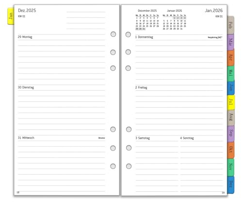Agenda settimanale 2026 Personal A6, 6 fori, 1 settimana 2 pagine con panoramica mensile, password appunti contatto, da gen.26 a dicembre 26, 95 x 171 mm, carta di ricarica da 100 g/m², inserto per