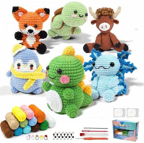 6PCS Animals Crochet Kits for Beginners Adults with Detailed Video Tutorial